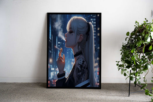 Anime Girl Smoking in City Asian Style Poster | Wall Art for Home & Office | High-Quality Print Premium Vinyl Skin Decal