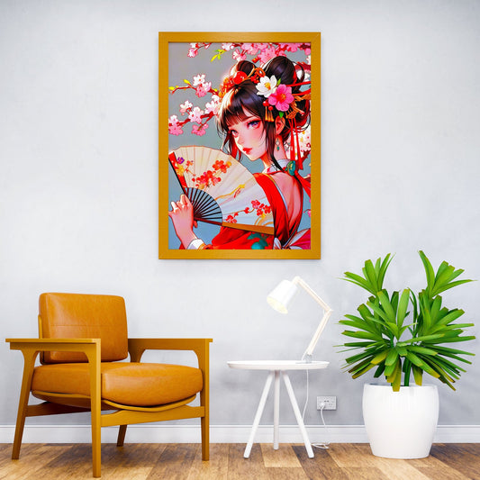 Anime Girl with Fan and Flowers Asian Style Poster | Wall Art for Home & Office | High-Quality Print