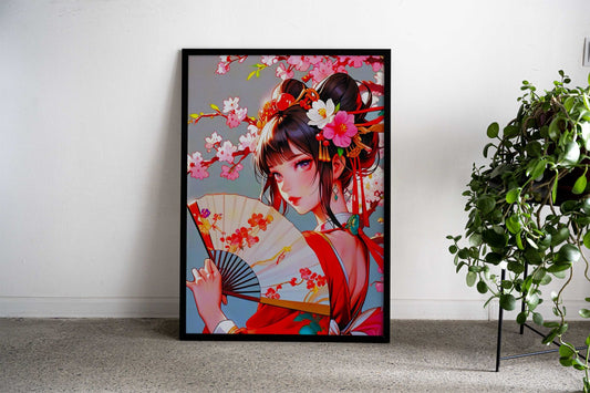 Anime Girl with Fan and Flowers Asian Style Poster | Wall Art for Home & Office | High-Quality Print Premium Vinyl Skin