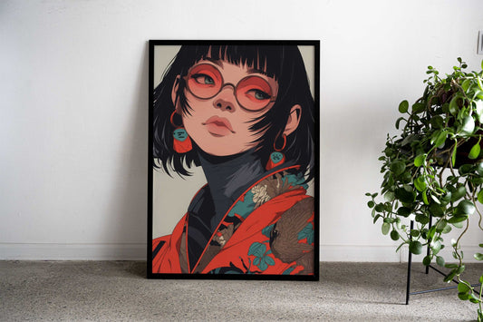 Anime Girl with Red Glasses Asian Style Poster | Wall Art for Home & Office | High-Quality Print Premium Vinyl Skin Deca