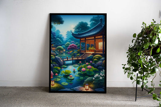 Asian Garden Twilight Moon Asian Style Poster | Wall Art for Home & Office | High-Quality Print - High-quality viny
