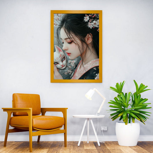 Asian Girl with Kitsune Mask & Cherry Blossoms Asian Style Poster | Wall Art for Home & Office | High-Quality Print
