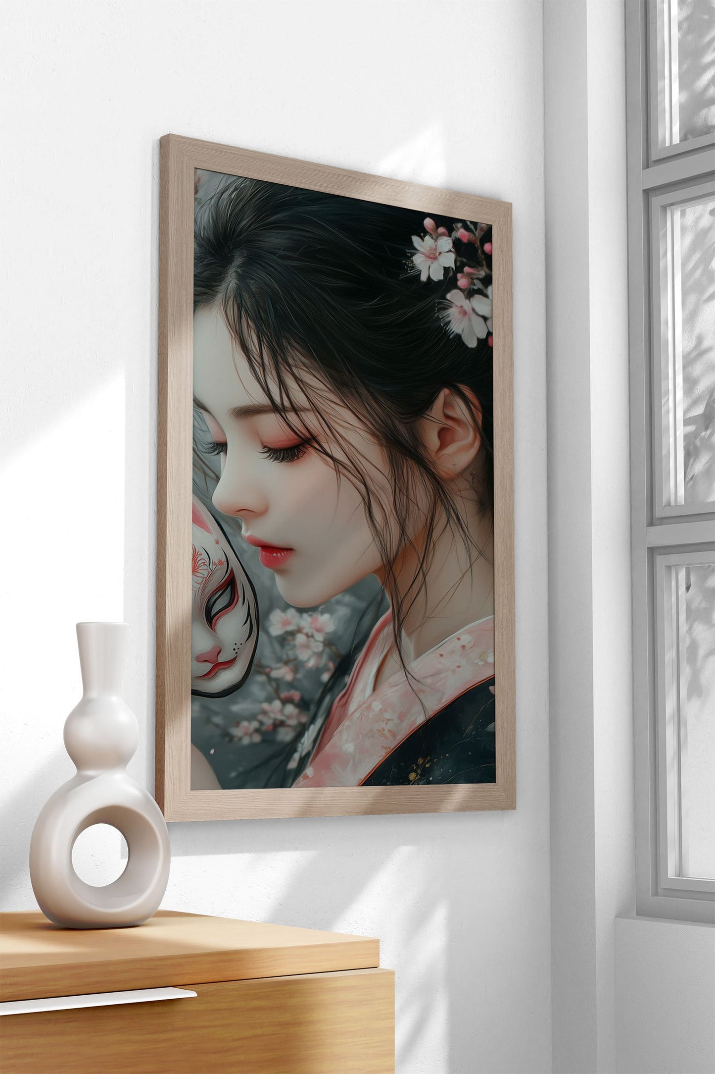 Asian Girl with Kitsune Mask & Cherry Blossoms Asian Style Poster | Wall Art for Home & Office | High-Quality Print