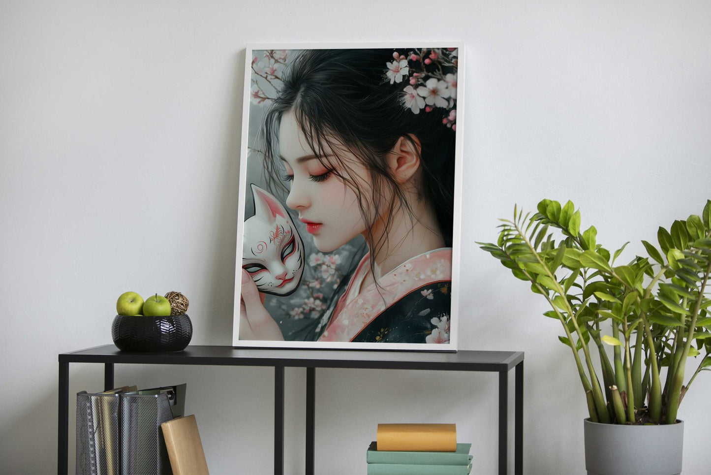 Asian Girl with Kitsune Mask & Cherry Blossoms Asian Style Poster | Wall Art for Home & Office | High-Quality Print