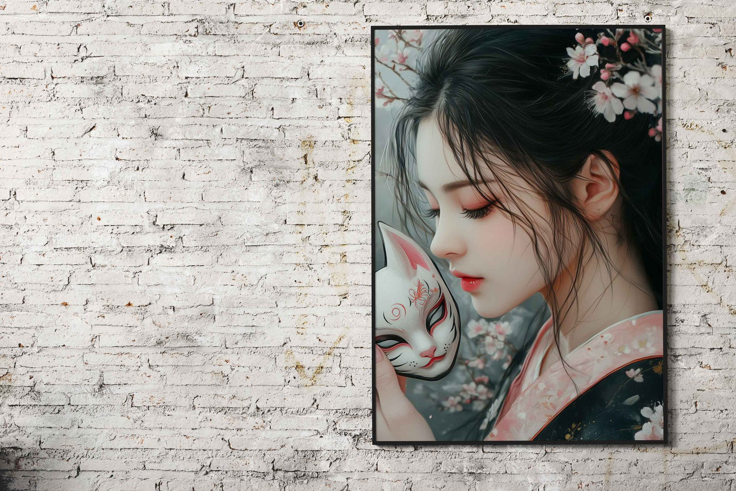 Asian Girl with Kitsune Mask & Cherry Blossoms Asian Style Poster | Wall Art for Home & Office | High-Quality Print