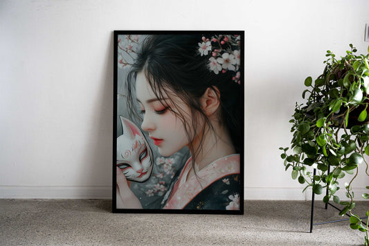 Asian Girl with Kitsune Mask & Cherry Blossoms Asian Style Poster | Wall Art for Home & Office | High-Quality Print