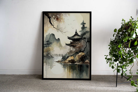 Asian House Watercolor Sky Asian Style Poster | Wall Art for Home & Office | High-Quality Print - High-quality viny