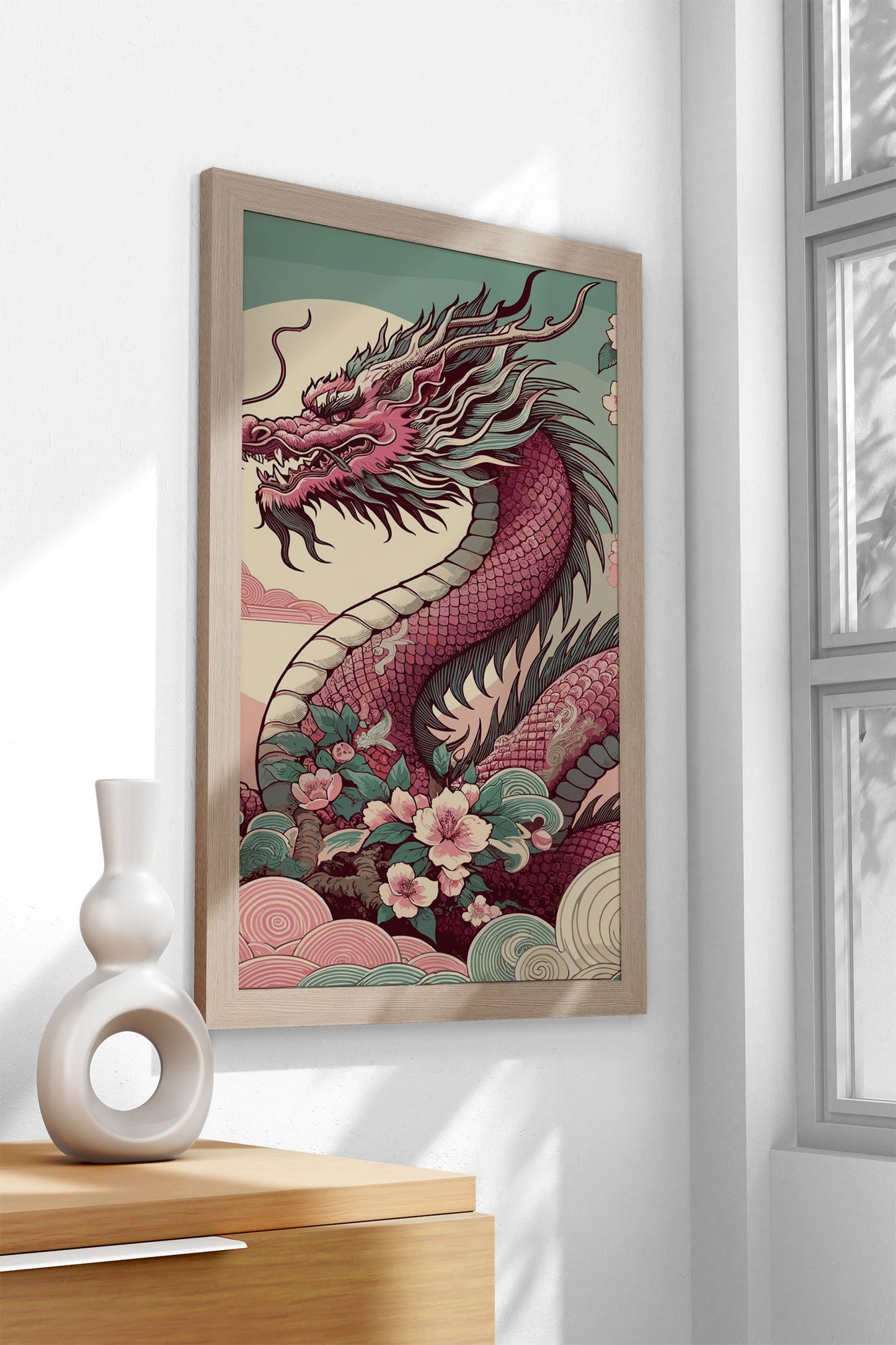 Asian Pink Dragon with Cherry Blossoms Asian Style Poster | Wall Art for Home & Office | High-Quality Print