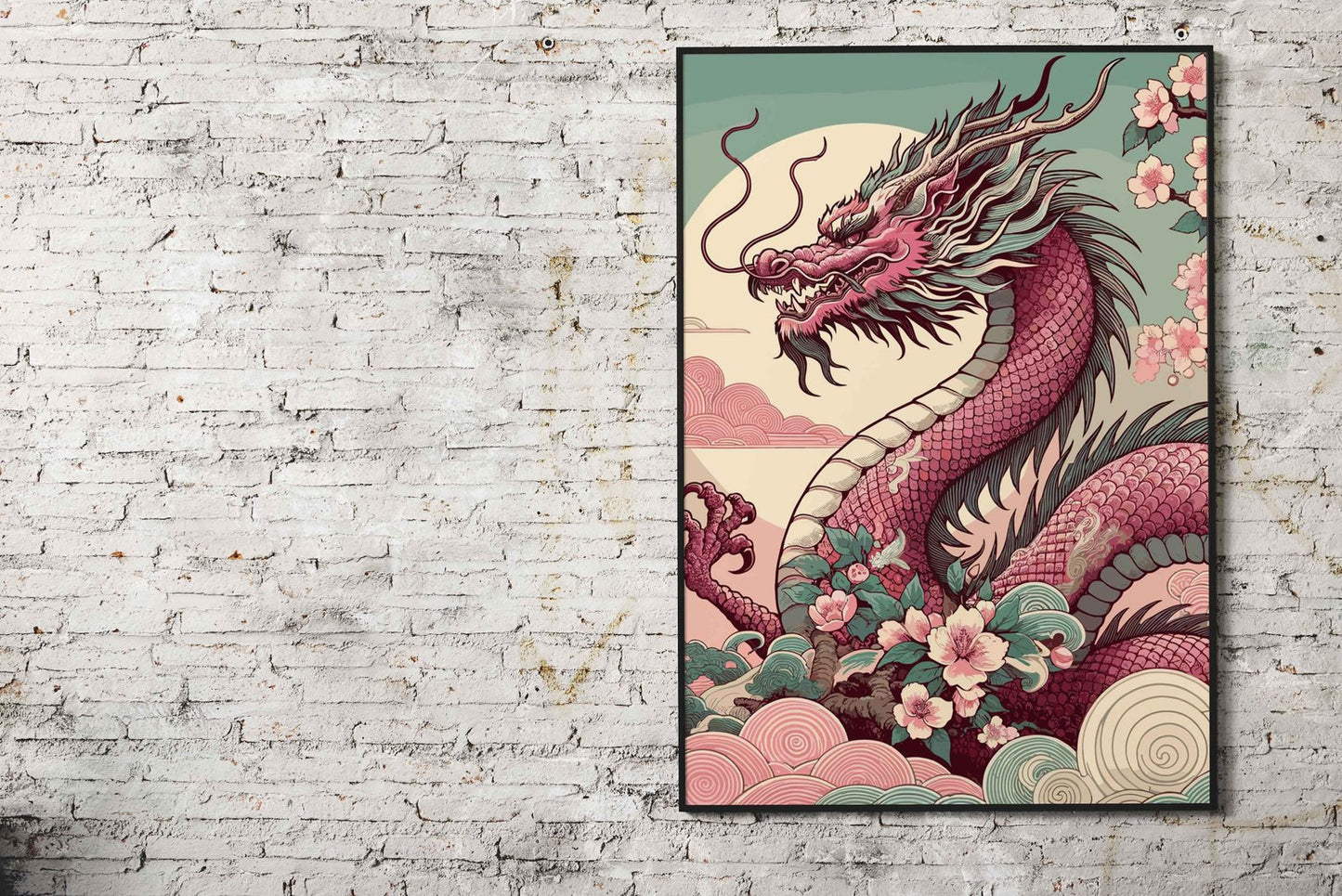 Asian Pink Dragon with Cherry Blossoms Asian Style Poster | Wall Art for Home & Office | High-Quality Print