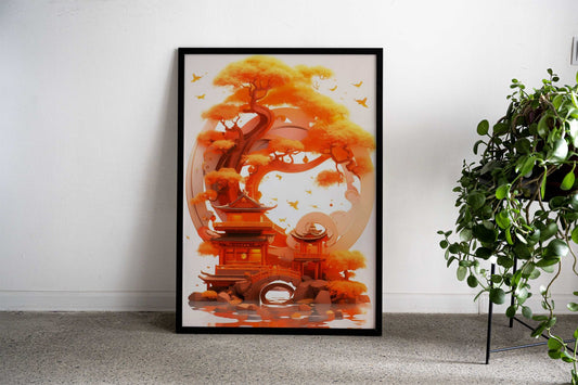 Autumnal Pagoda Landscape Asian Style Poster | Wall Art for Home & Office | High-Quality Print