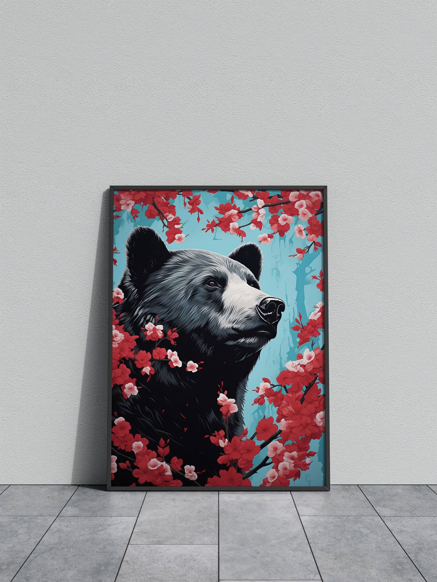 Bear Cherry Blossum Asian Style Poster | Wall Art for Home & Office | High-Quality Print