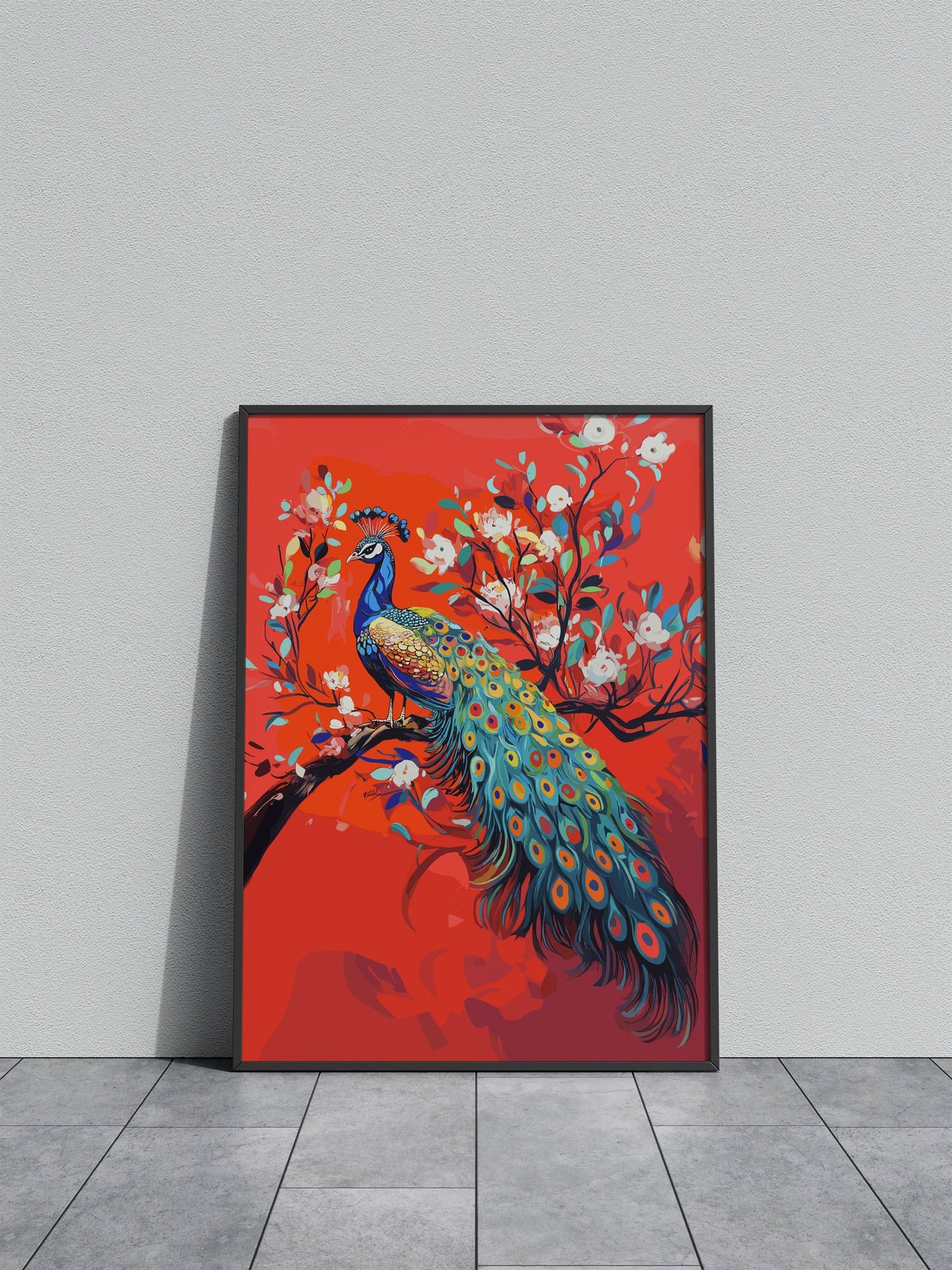 Beautiful Peacock on Branch Asian Style Poster | Wall Art for Home & Office | High-Quality Print
