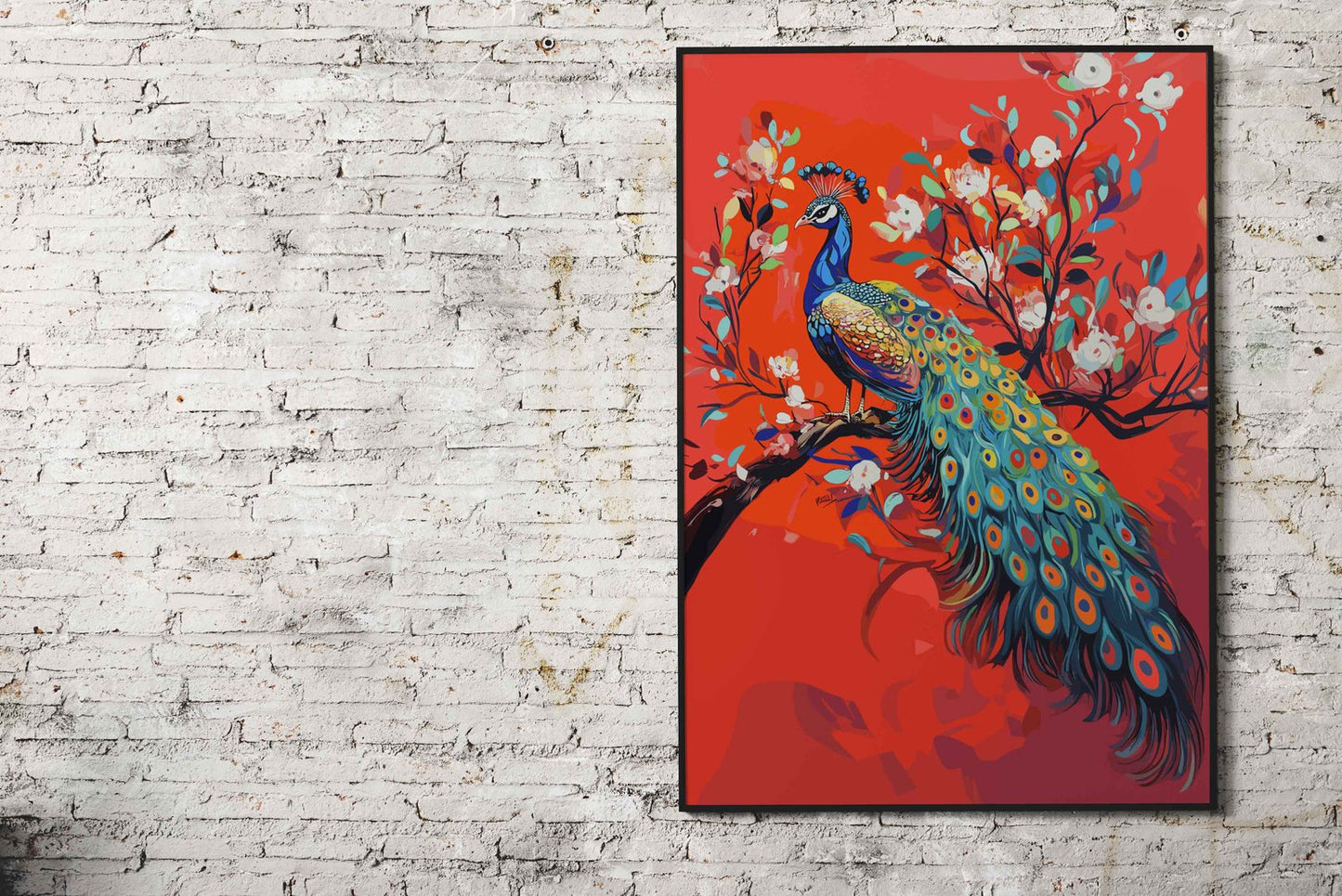 Beautiful Peacock on Branch Asian Style Poster | Wall Art for Home & Office | High-Quality Print