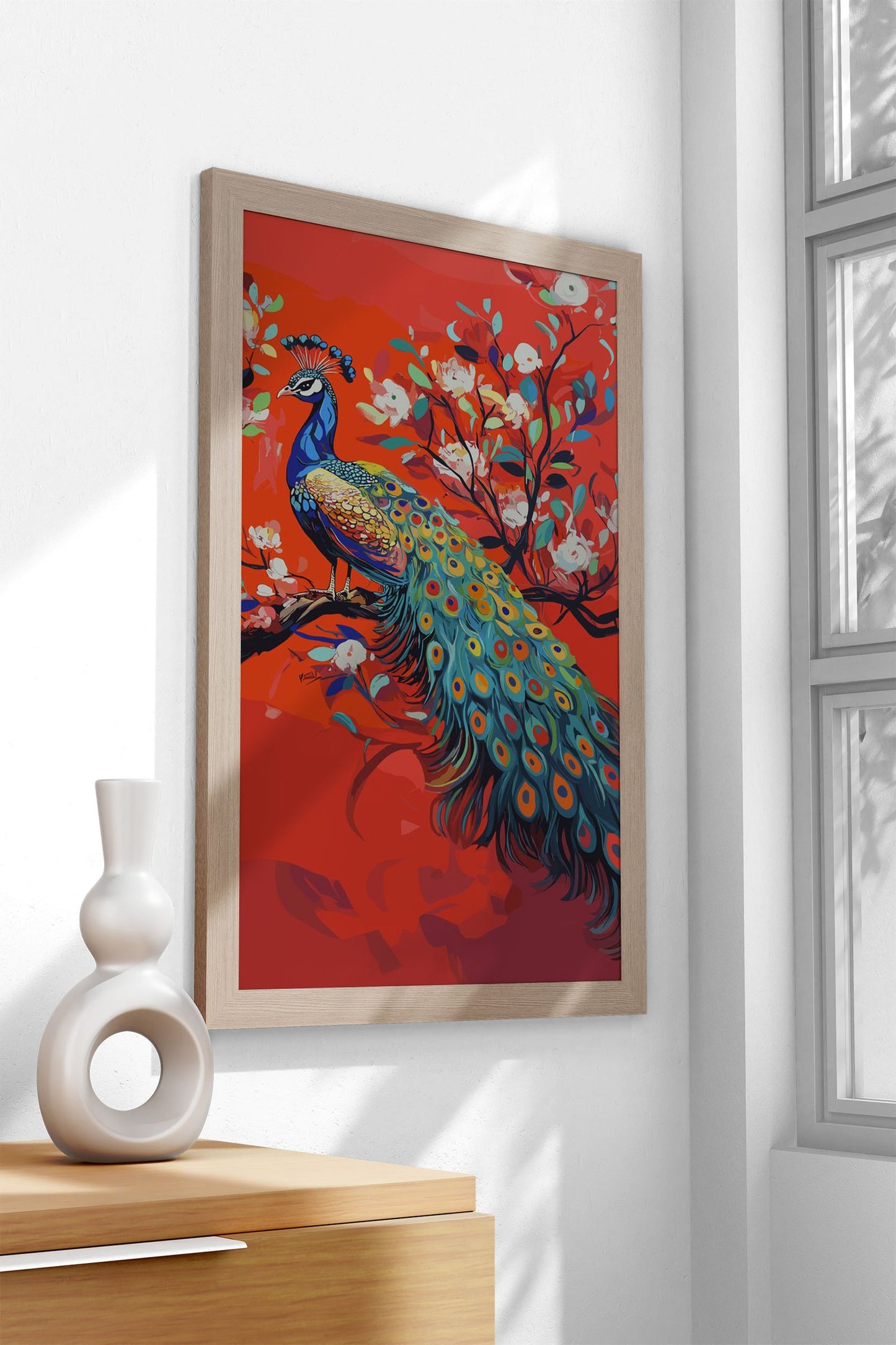 Beautiful Peacock on Branch Asian Style Poster | Wall Art for Home & Office | High-Quality Print