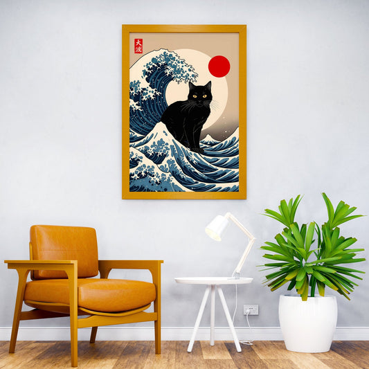Black Cat Great Wave Asian Style Poster | Wall Art for Home & Office | High-Quality Print