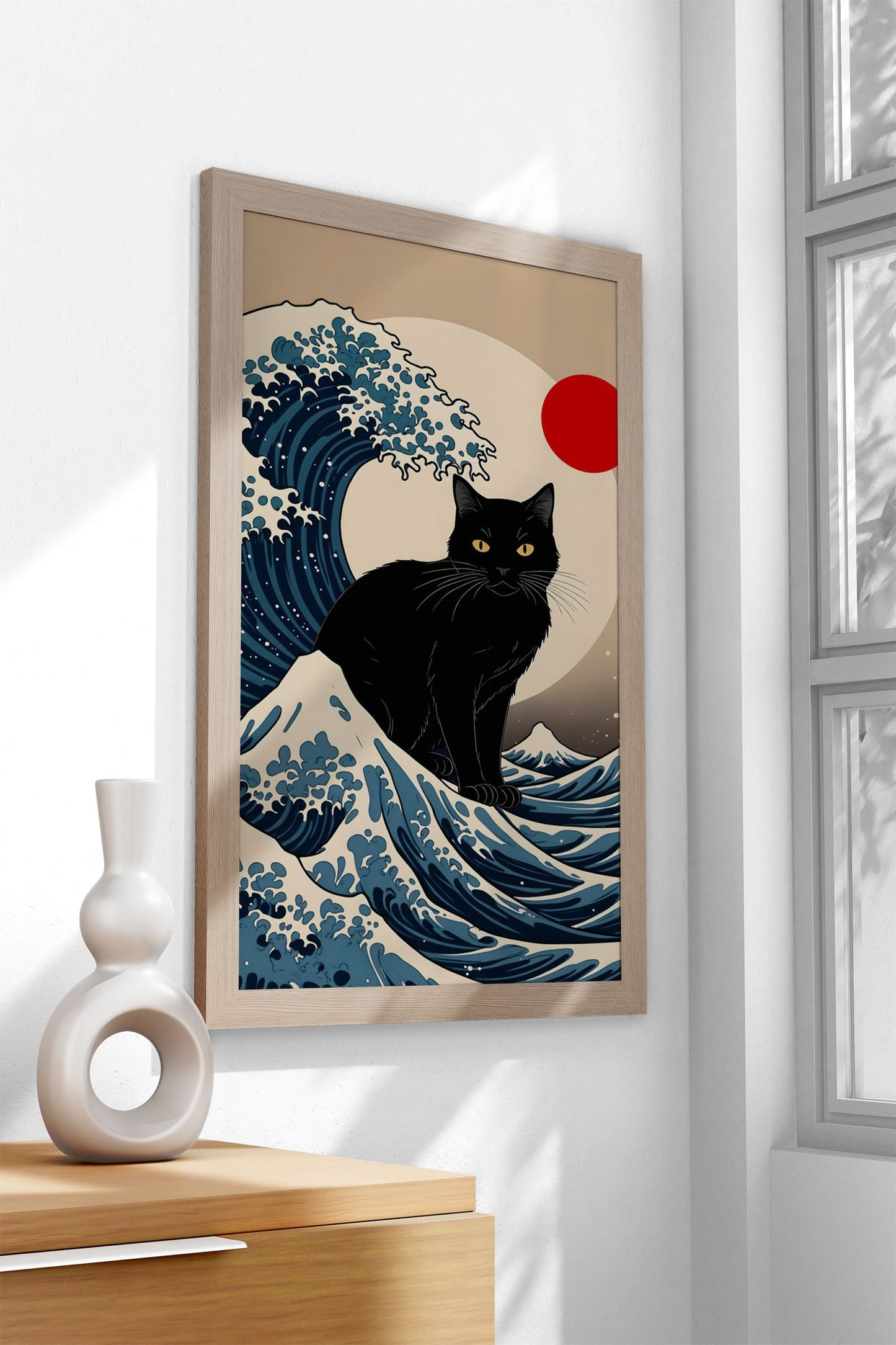 Black Cat Great Wave Asian Style Poster | Wall Art for Home & Office | High-Quality Print