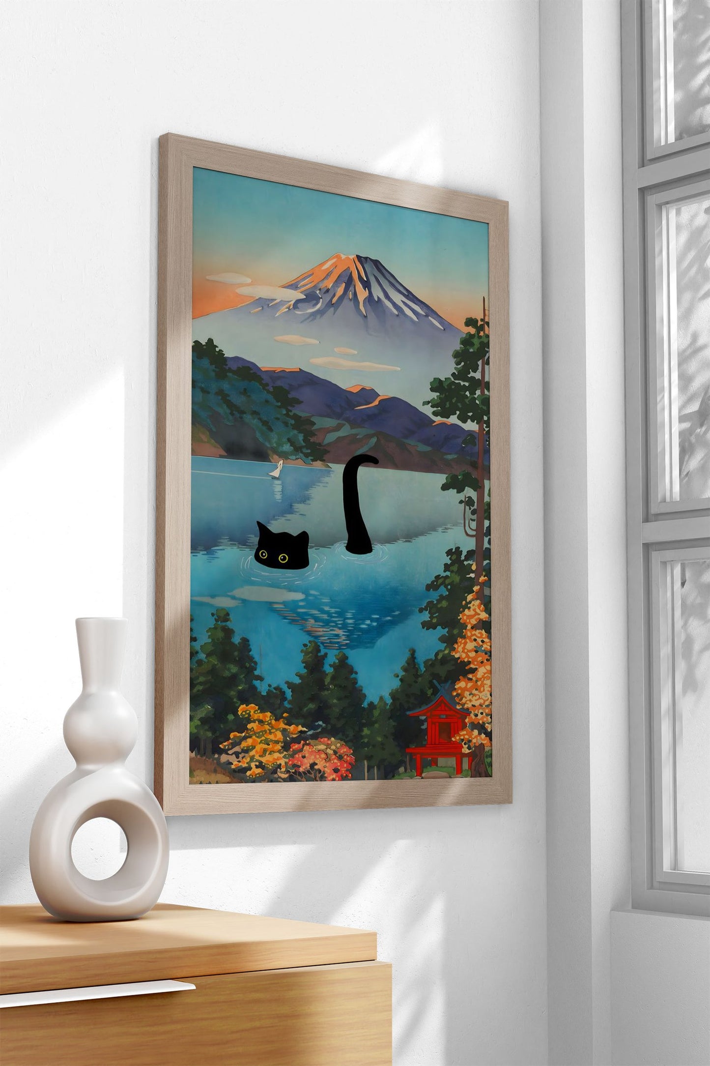 Black Cat Lake Ashi Asian Style Poster | Wall Art for Home & Office | High-Quality Print