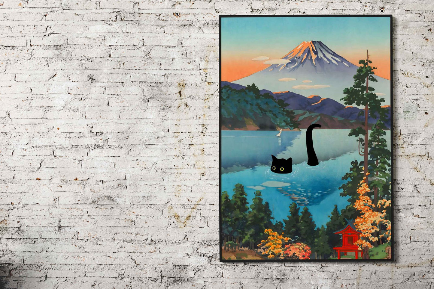Black Cat Lake Ashi Asian Style Poster | Wall Art for Home & Office | High-Quality Print