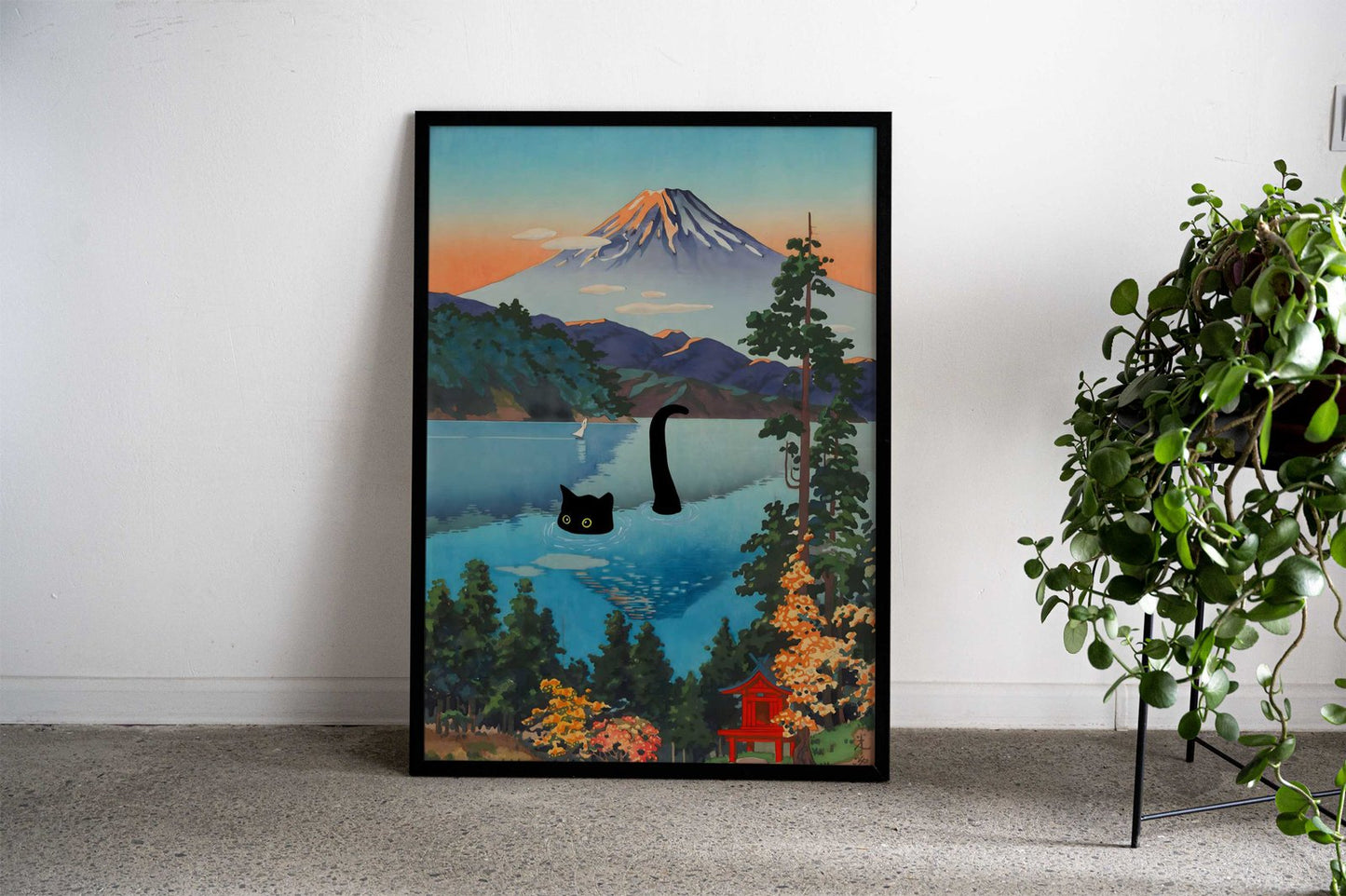 Black Cat Lake Ashi Asian Style Poster | Wall Art for Home & Office | High-Quality Print