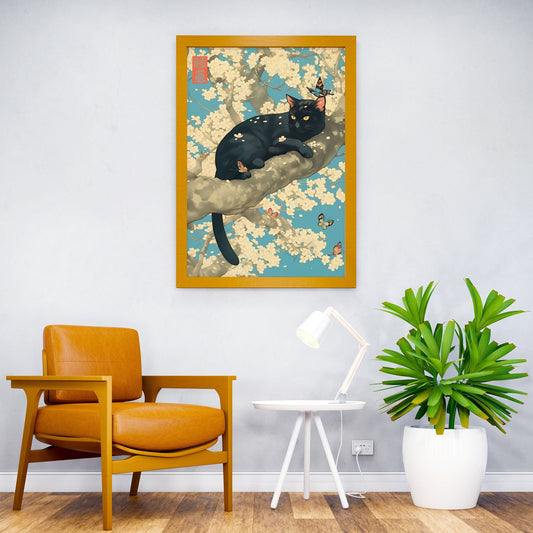 Black Cat Sakura Tree Asian Style Poster | Wall Art for Home & Office | High-Quality Print