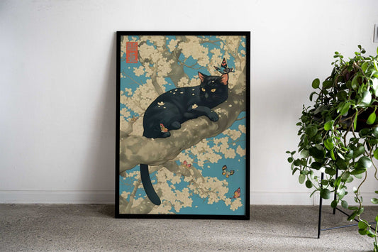 Black Cat Sakura Tree Asian Style Poster | Wall Art for Home & Office | High-Quality Print