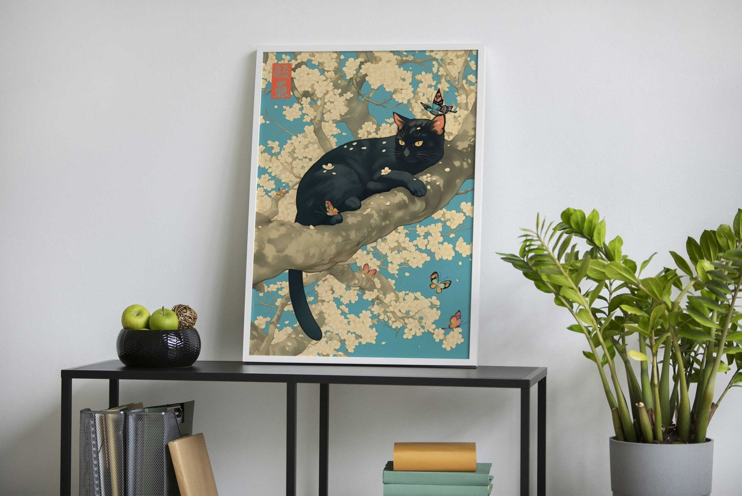 Black Cat Sakura Tree Asian Style Poster | Wall Art for Home & Office | High-Quality Print