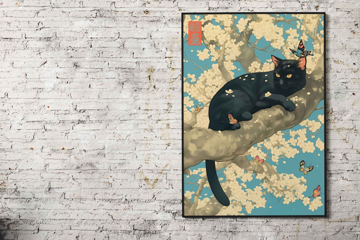 Black Cat Sakura Tree Asian Style Poster | Wall Art for Home & Office | High-Quality Print