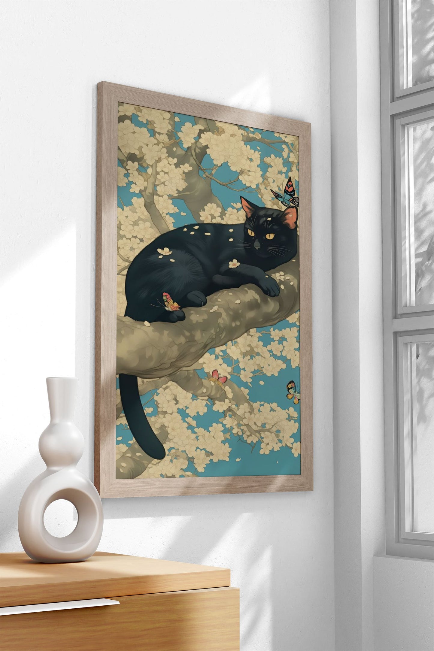 Black Cat Sakura Tree Asian Style Poster | Wall Art for Home & Office | High-Quality Print
