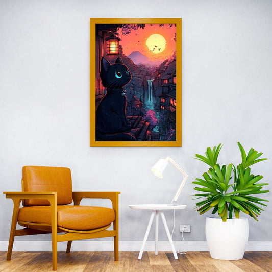 Black Cat Sunset in Japan Asian Style Poster | Wall Art for Home & Office | High-Quality Print