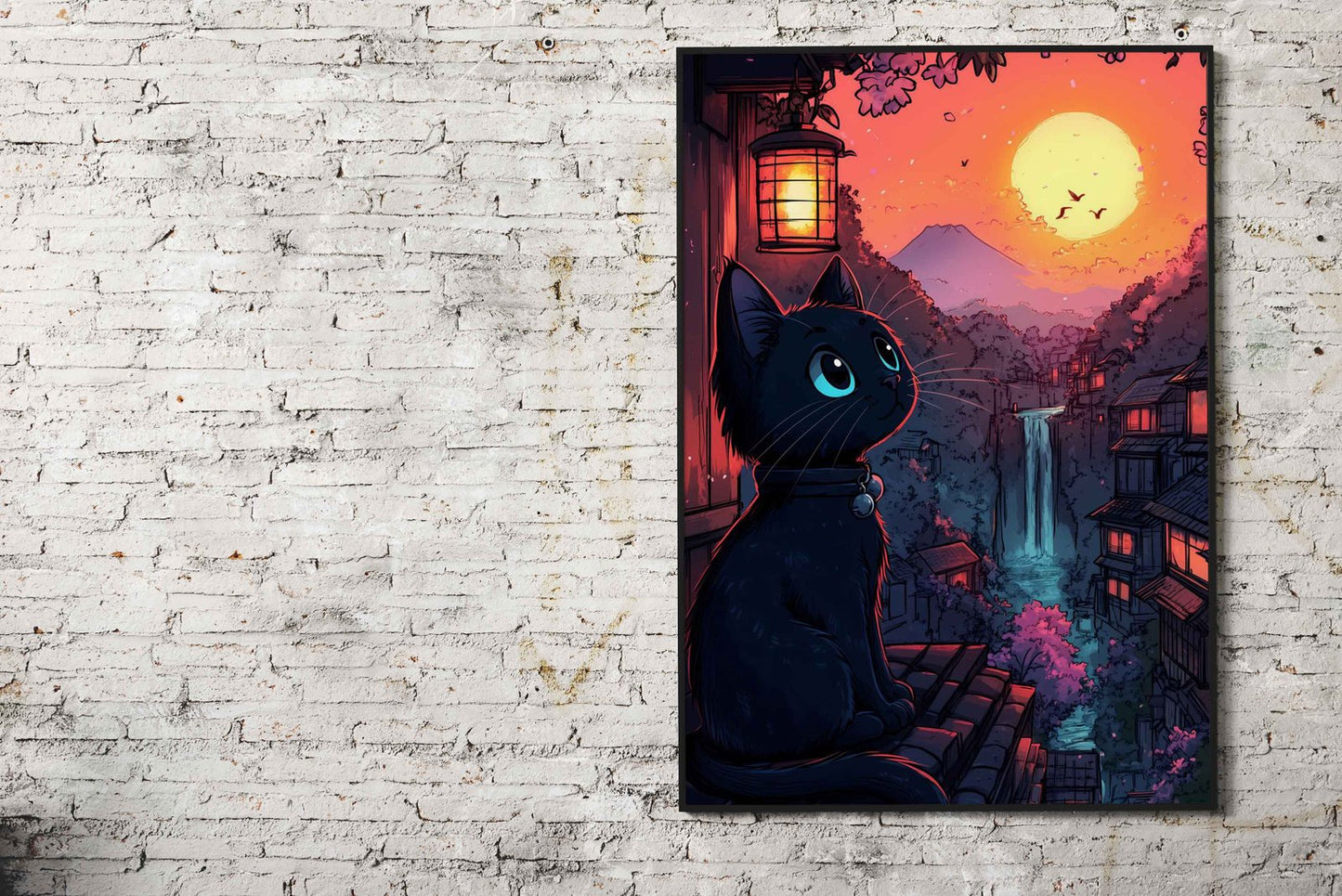 Black Cat Sunset in Japan Asian Style Poster | Wall Art for Home & Office | High-Quality Print