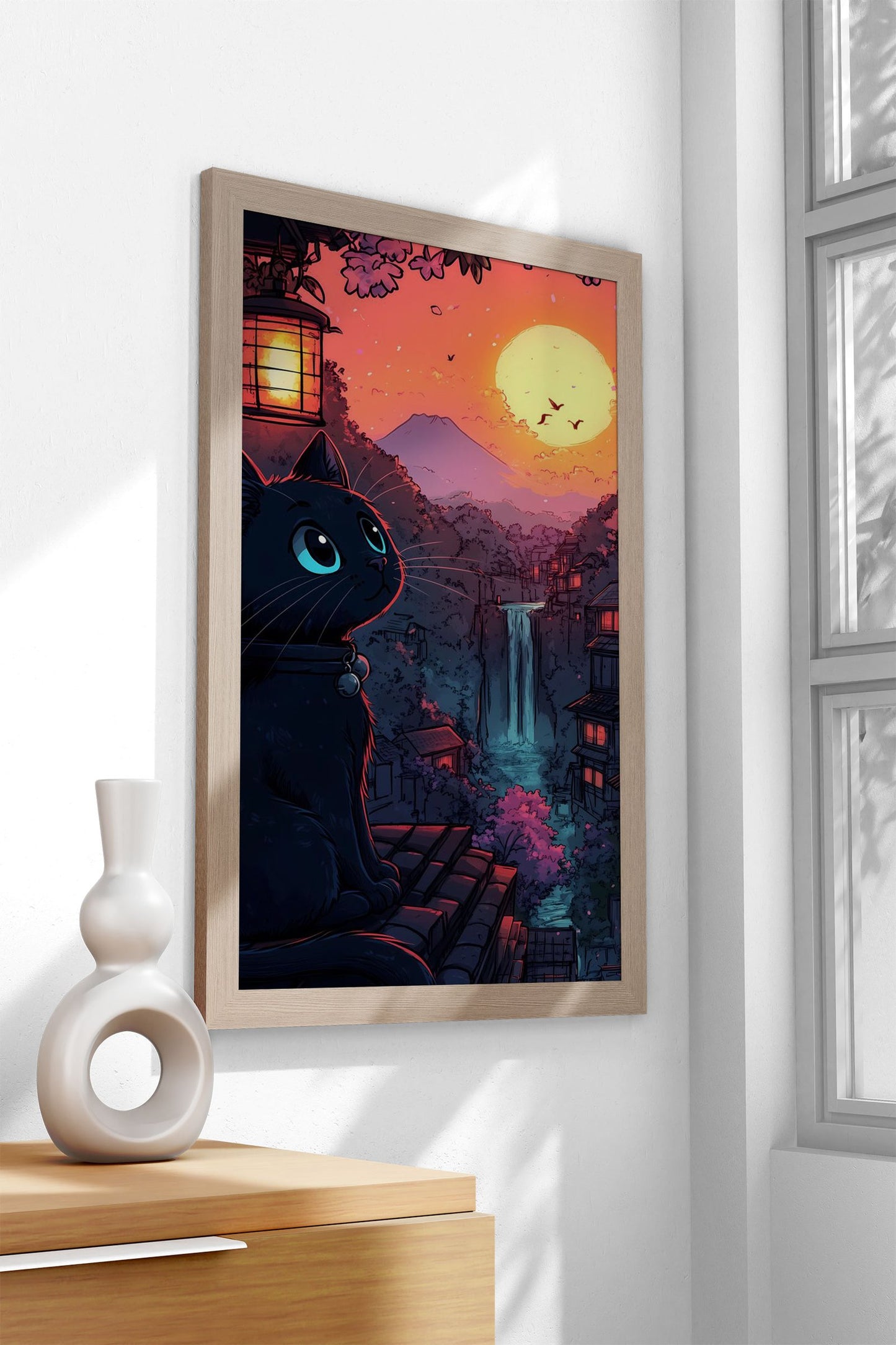 Black Cat Sunset in Japan Asian Style Poster | Wall Art for Home & Office | High-Quality Print