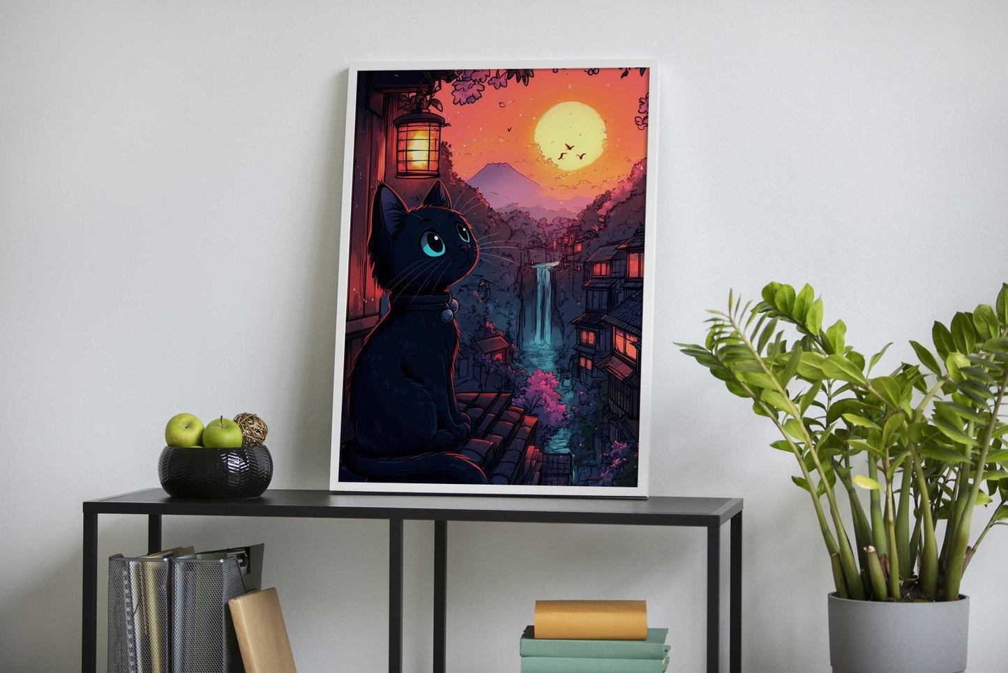 Black Cat Sunset in Japan Asian Style Poster | Wall Art for Home & Office | High-Quality Print