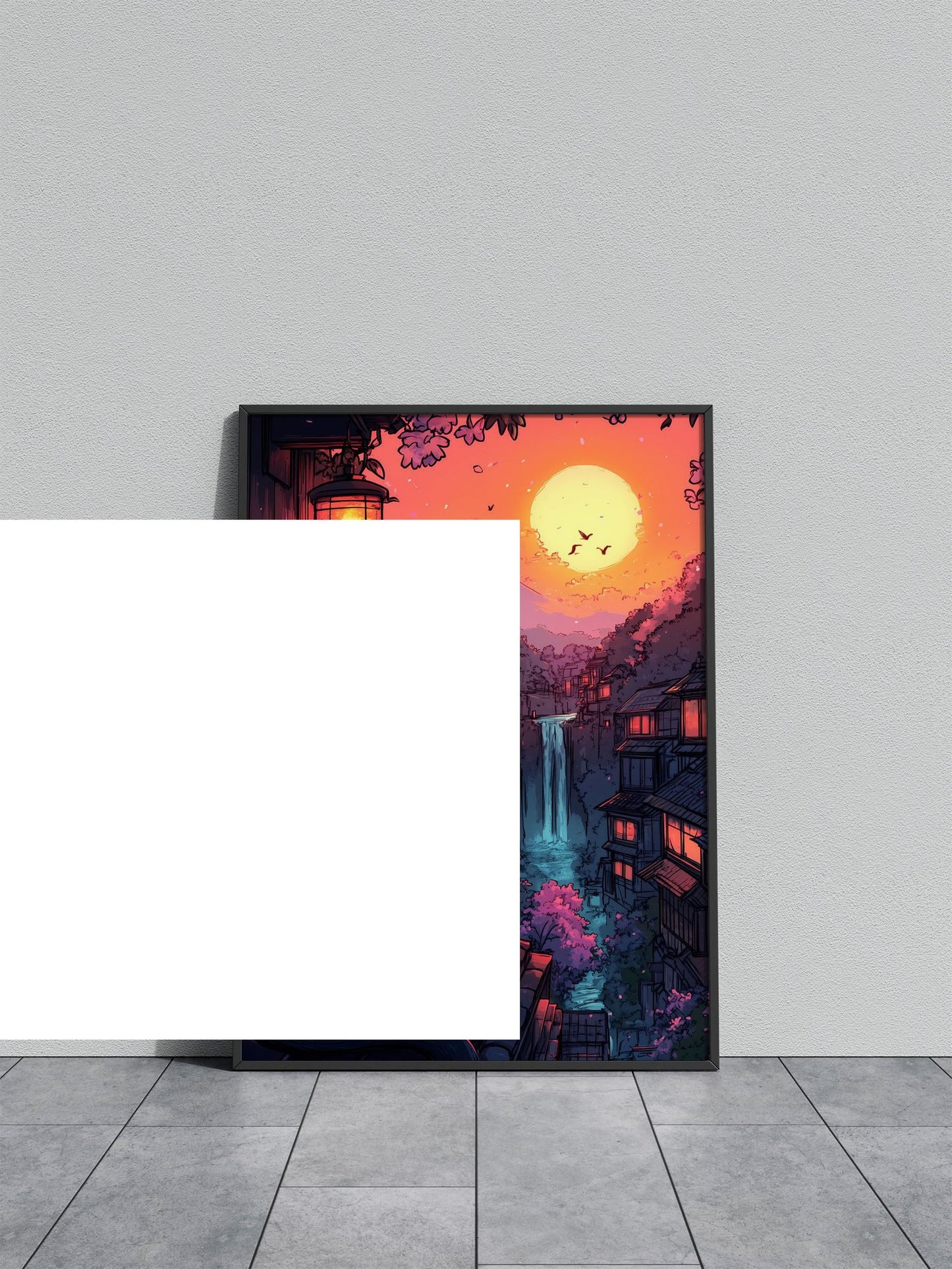 Black Cat Sunset in Japan Asian Style Poster | Wall Art for Home & Office | High-Quality Print