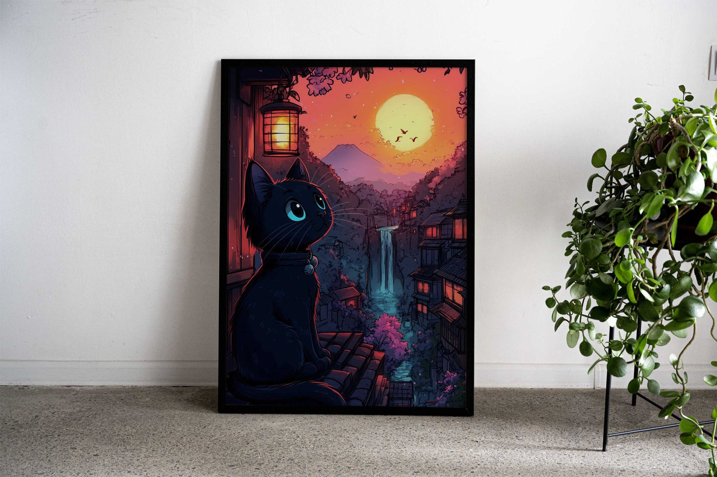 Black Cat Sunset in Japan Asian Style Poster | Wall Art for Home & Office | High-Quality Print