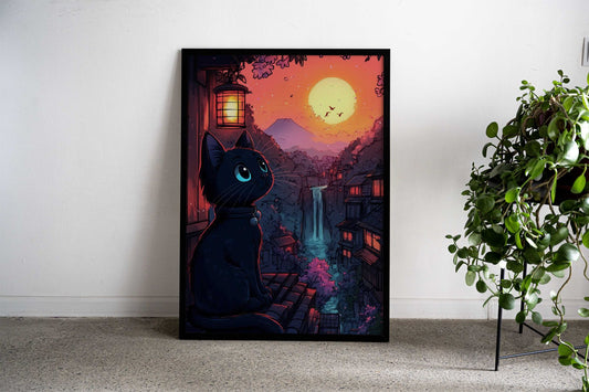 Black Cat Sunset in Japan Asian Style Poster | Wall Art for Home & Office | High-Quality Print