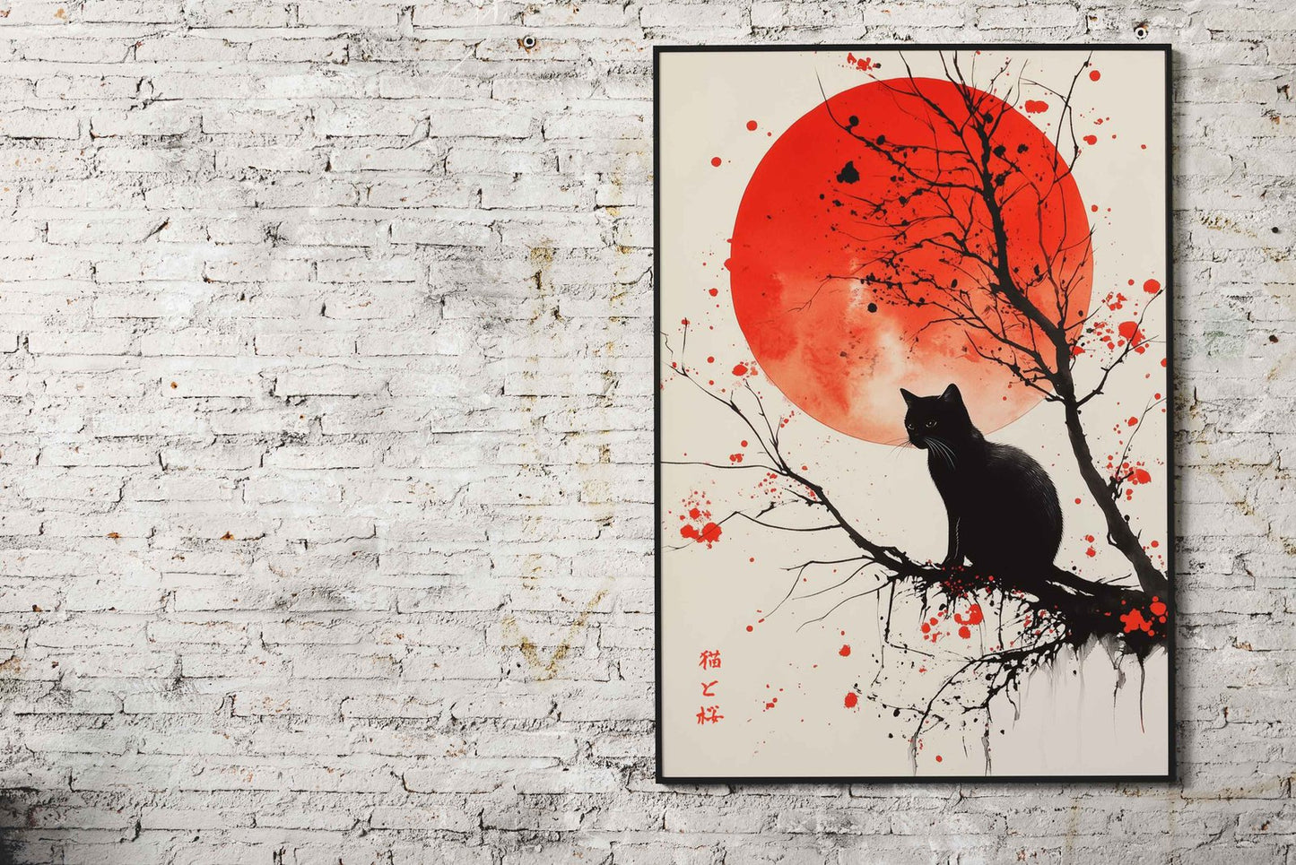 Black Cat Under Red Moon Asian Style Poster | Wall Art for Home & Office | High-Quality Print