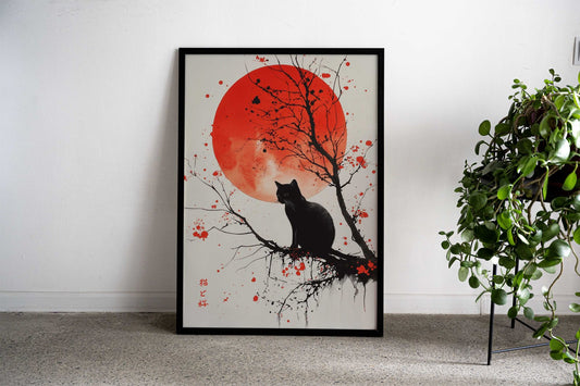Black Cat Under Red Moon Asian Style Poster | Wall Art for Home & Office | High-Quality Print