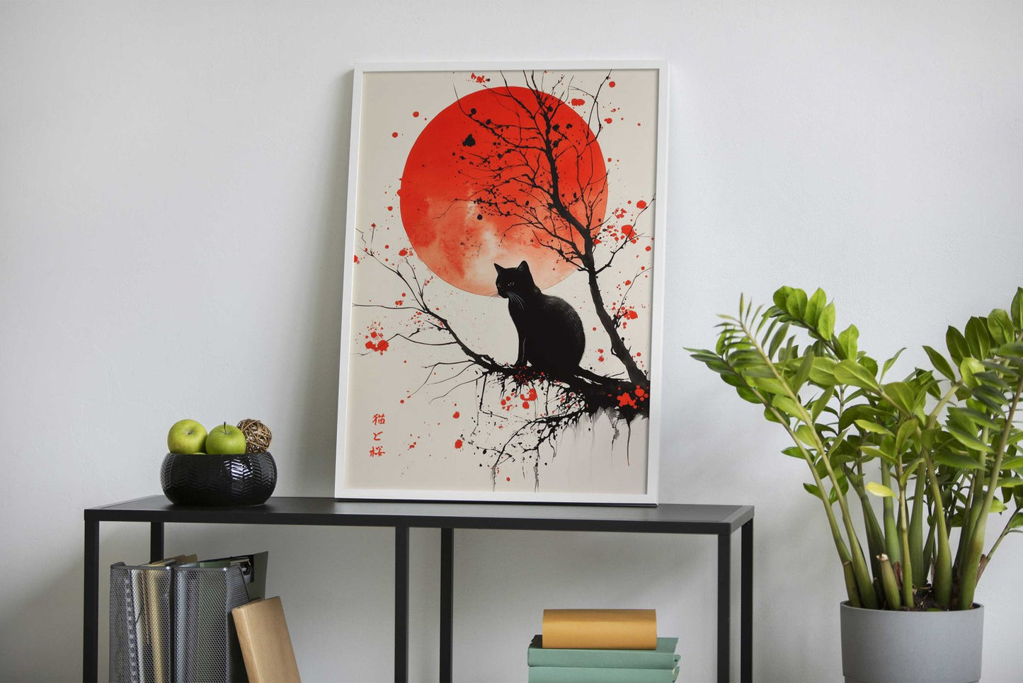 Black Cat Under Red Moon Asian Style Poster | Wall Art for Home & Office | High-Quality Print