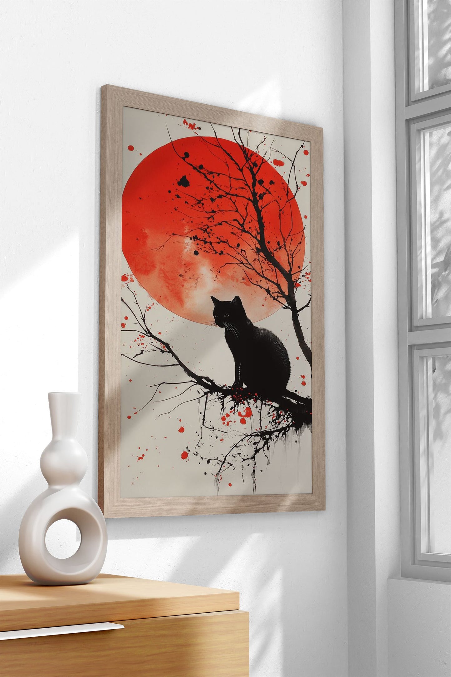Black Cat Under Red Moon Asian Style Poster | Wall Art for Home & Office | High-Quality Print