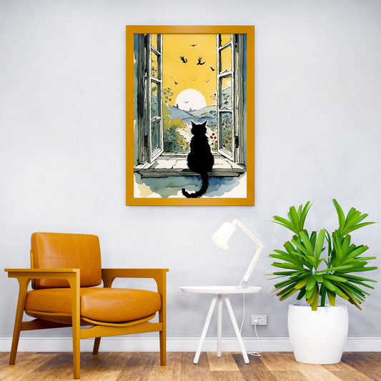 Black Cat Window View Asian Style Poster | Wall Art for Home & Office | High-Quality Print