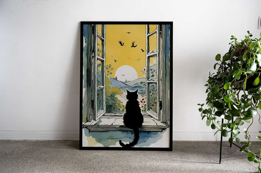 Black Cat Window View Asian Style Poster | Wall Art for Home & Office | High-Quality Print