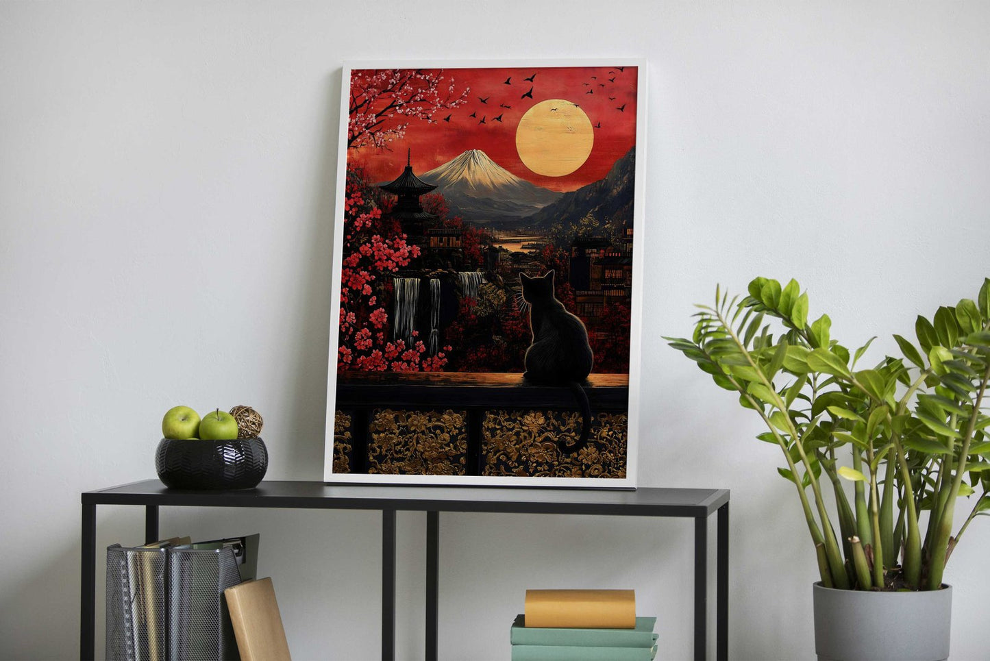 Black Cat & Mt. Fuji Asian Style Poster | Wall Art for Home & Office | High-Quality Print