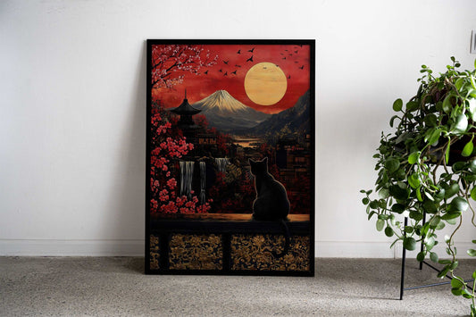 Black Cat & Mt. Fuji Asian Style Poster | Wall Art for Home & Office | High-Quality Print