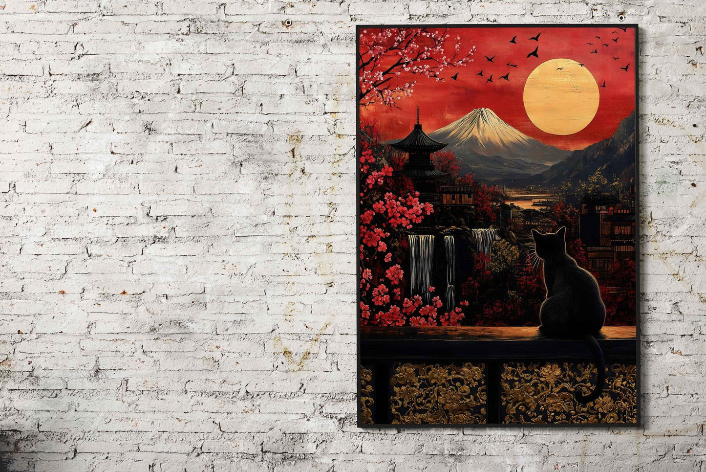 Black Cat & Mt. Fuji Asian Style Poster | Wall Art for Home & Office | High-Quality Print