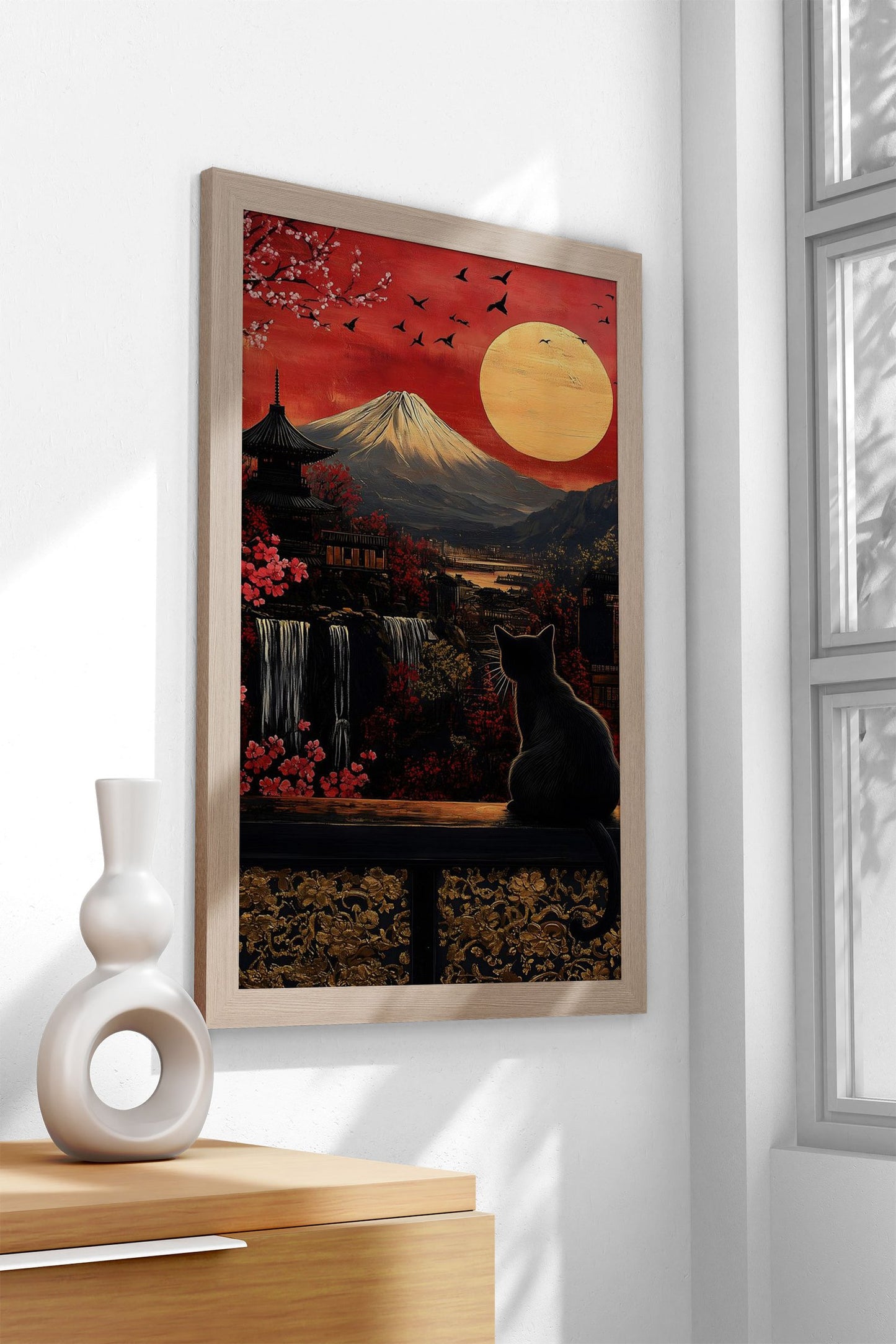 Black Cat & Mt. Fuji Asian Style Poster | Wall Art for Home & Office | High-Quality Print