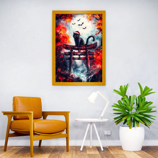 Black Cat in Torii Gate Asian Style Poster | Wall Art for Home & Office | High-Quality Print