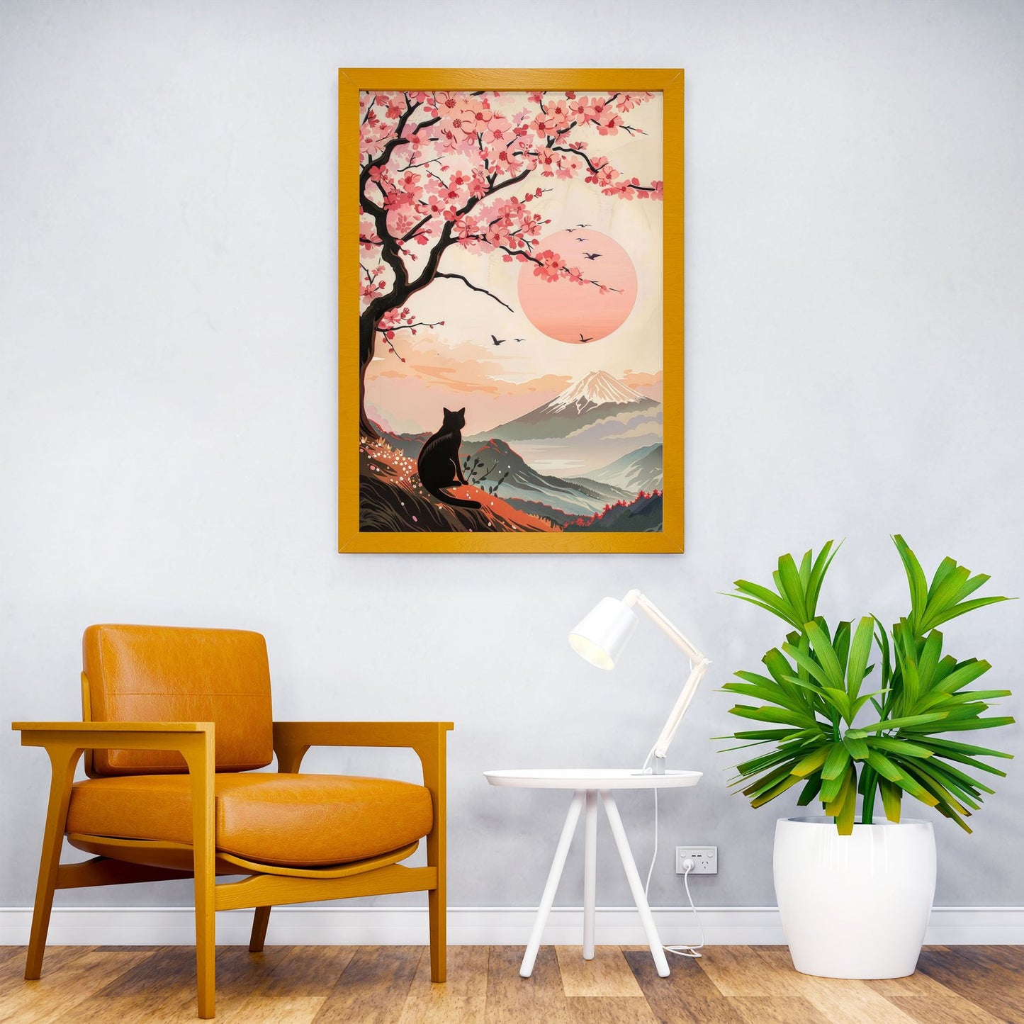 Black Cat under Sakura Asian Style Poster | Wall Art for Home & Office | High-Quality Print