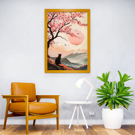 Black Cat under Sakura Asian Style Poster | Wall Art for Home & Office | High-Quality Print
