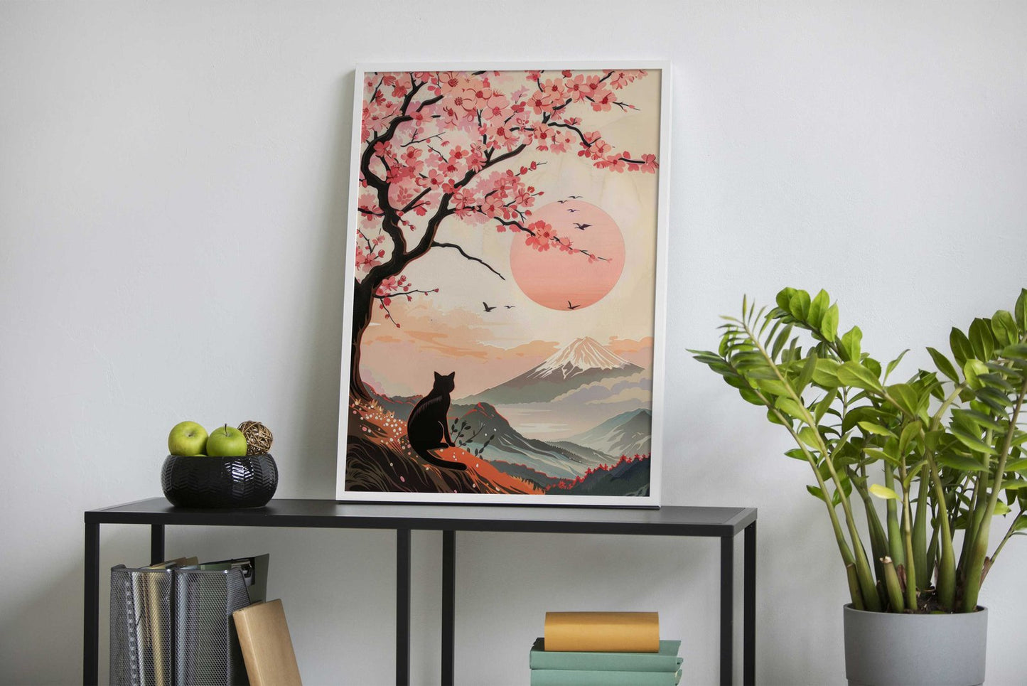 Black Cat under Sakura Asian Style Poster | Wall Art for Home & Office | High-Quality Print