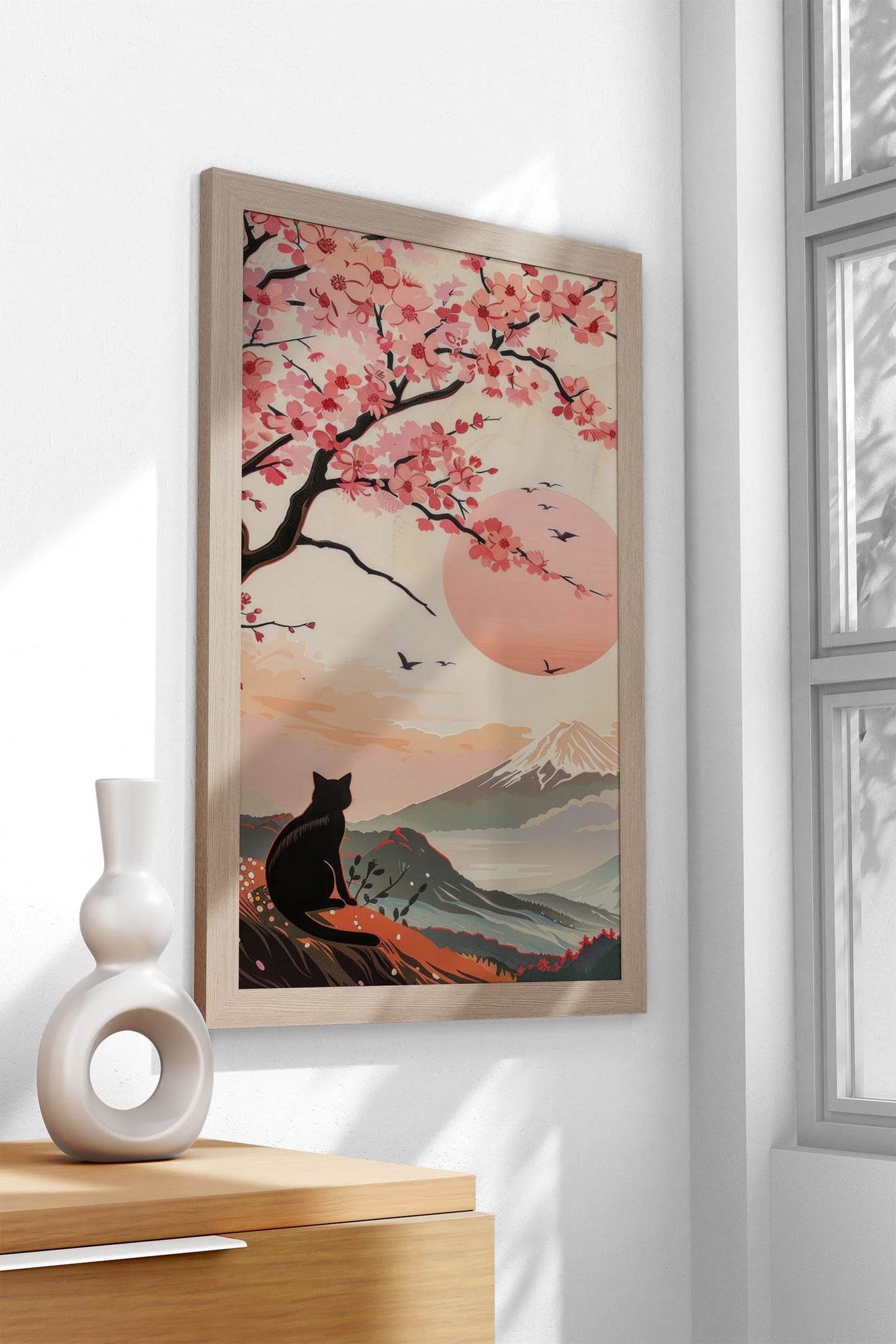 Black Cat under Sakura Asian Style Poster | Wall Art for Home & Office | High-Quality Print